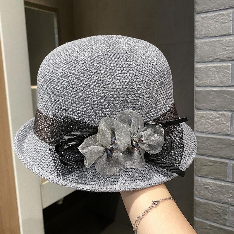 

British Retro Organza Floral Sun Hat for Women, UPF50+ French Rolled Brim Bucket Hat with Wide Brim & 3D Flowers - Outdoor Beach adjustable (56-58cm) серый