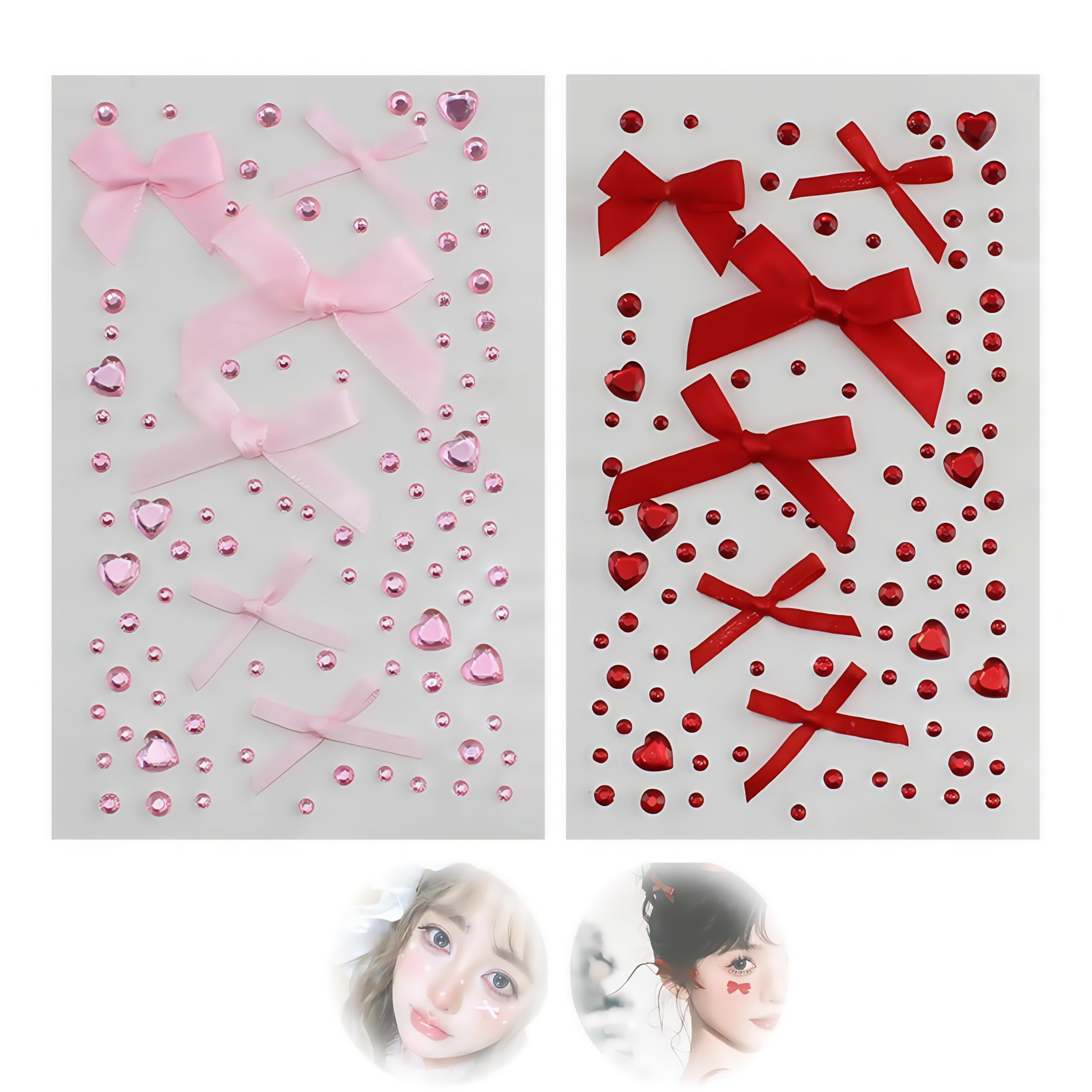 

MHSKNHW of Pink Red Bow Face Rhinestone Heart Ribbon Face Stickers for Nail and Small DIY Nail Art Accessories [Set 2] & Stickers, Stickers,