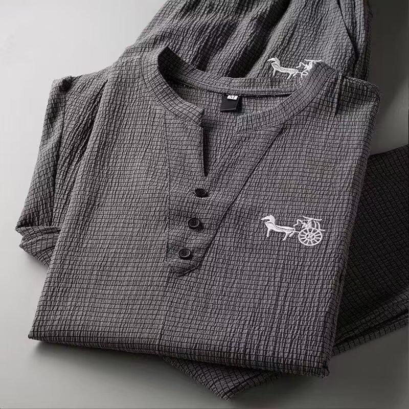 2024 Men's Chinese Style Embroidered Summer Sports Suit, V-Neck, Slim Casual Two-Piece