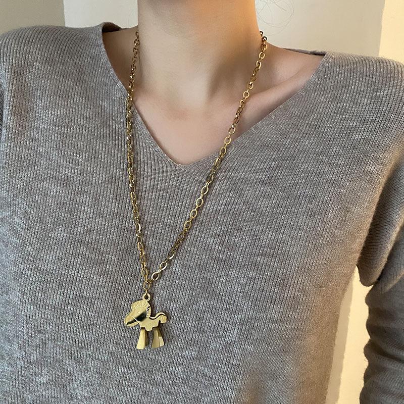 Korean Influencer Sweater Chain: Long, Non-Fading Little Horse Necklace Pendant in Titanium Steel for Women's Fashion.