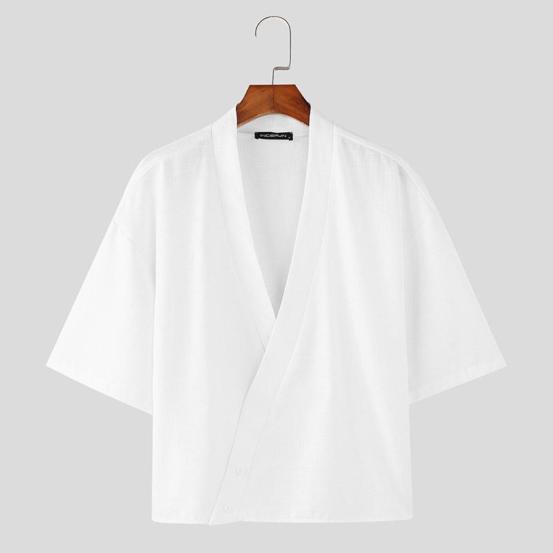 

INCERUN Мужские Летние Футболки с V-образным вырезом, Коротким Рукавом, Косой Планкой, Однотонные Топы 4XL белый