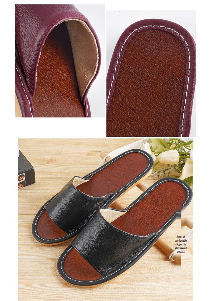 Sandales d'intérieur en cuir d'été: Pantoufles Antidérapantes, Semelle Souple, Couleur Unie pour Couples