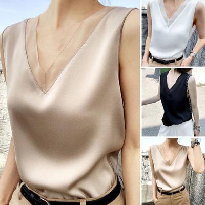 Kadın Üstler Kolsuz Parlak İpeksi Mükemmel Oturan Serinletici Günlük Giyim Polyester Kadın Yaz V Yaka Üstler İş Giyim