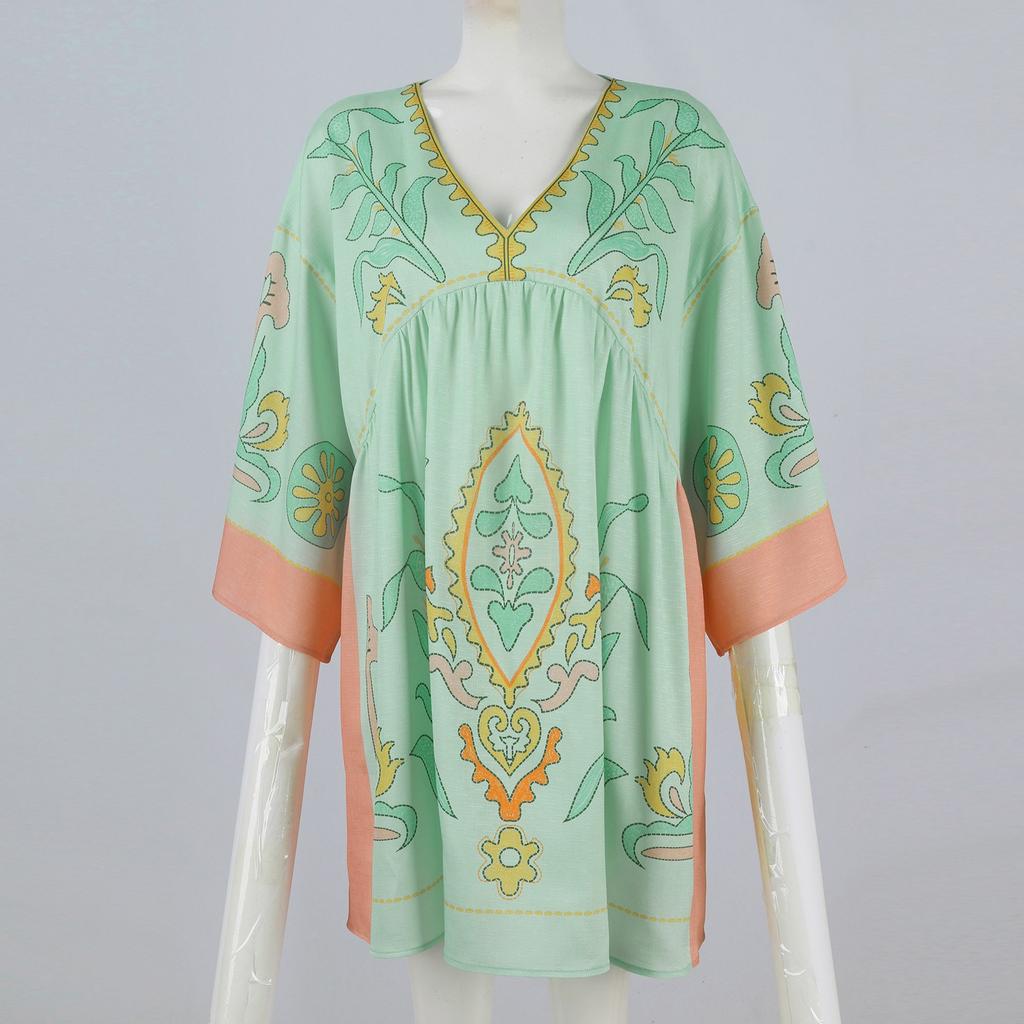 Womens Printed Dress With V-Neck And 3/4 Sleeves Loose Fit Vintage Printed Babydoll Dress