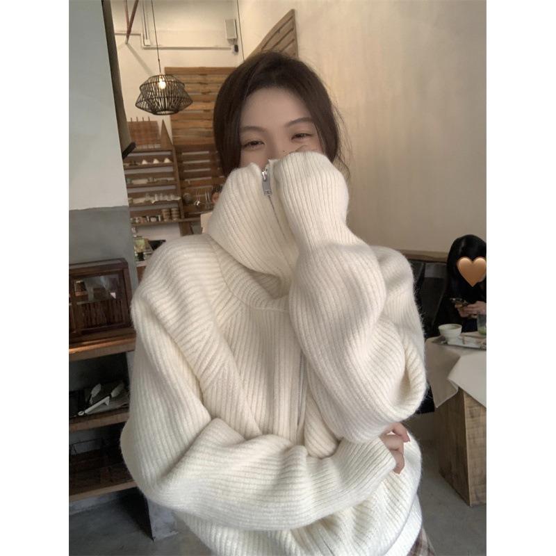 Navy Collar Zipper Sweater Jacket Female Early Spring Lazy Wind Loose Thin Knitted Cardigan Comfortable Versatile and Fashionable