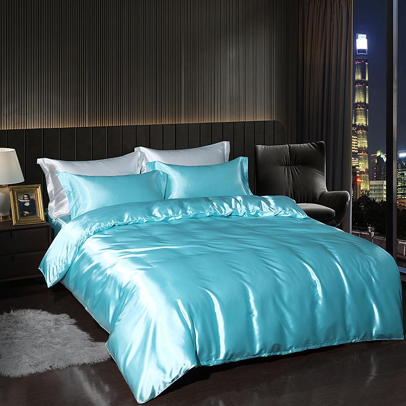 

Luxury Satin Bedding Set With Flat Sheet Duvet Cover High End Bedding Set High Density Satin Solid Color Bedding Flat Bed Sheet&1.2m 4pcs небесно-голубой