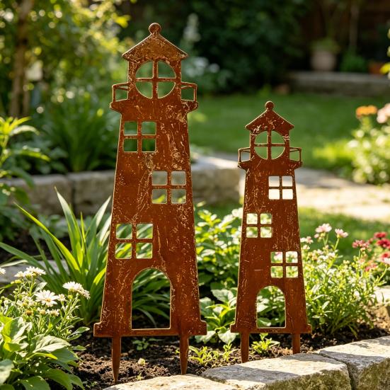 2Pcs Rusty Lighthouse Garden Stakes Metal Flat Lighthouse Yard Art Stakes Coastal Outdoor Decoration for Backyard Lawn Flower Bed