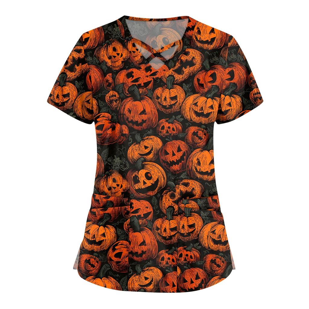 Women's Fashion  V-Neck Short Sleeve Overalls Double Pocket Halloween Printed Tops  Apparel