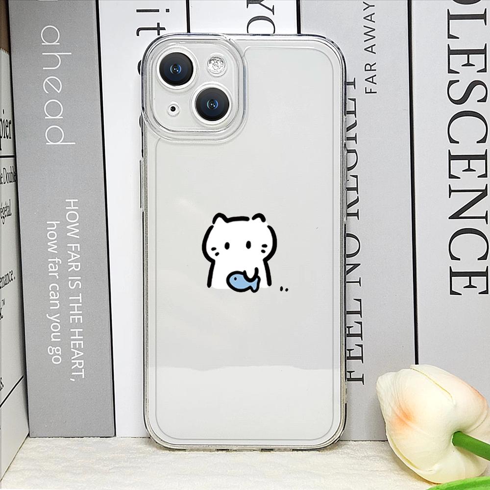 Funda de Teléfono Pareja Gato Pez Dibujo Animado Divertido para IPhone 16 15 14 11 12 13 Pro Max 7 8 Plus Mini XS XR Transparente Blanda Fundas