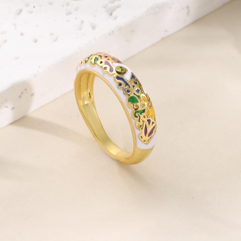 Huajie Elegant Colorful Enamel Floral Rings for Women Inlaid Zircon Golden Piping Banquet Accessories