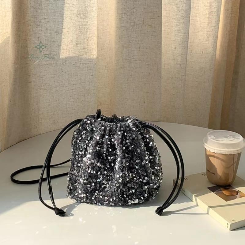 Nuove Borse a Tracolla con Paillettes Versatili alla Moda Borse a Spalla Pieghettate con Coulisse di Alta Qualità per Donna Borse a Secchiello Morbide di Lusso Festa