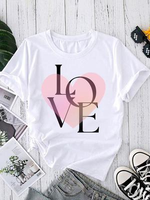(Asian Size) Love Heart Letter Style Short Sleeve T-shirts Women's Top Print O-neck  Fashion Female Casual T Clothing Graphic Tee