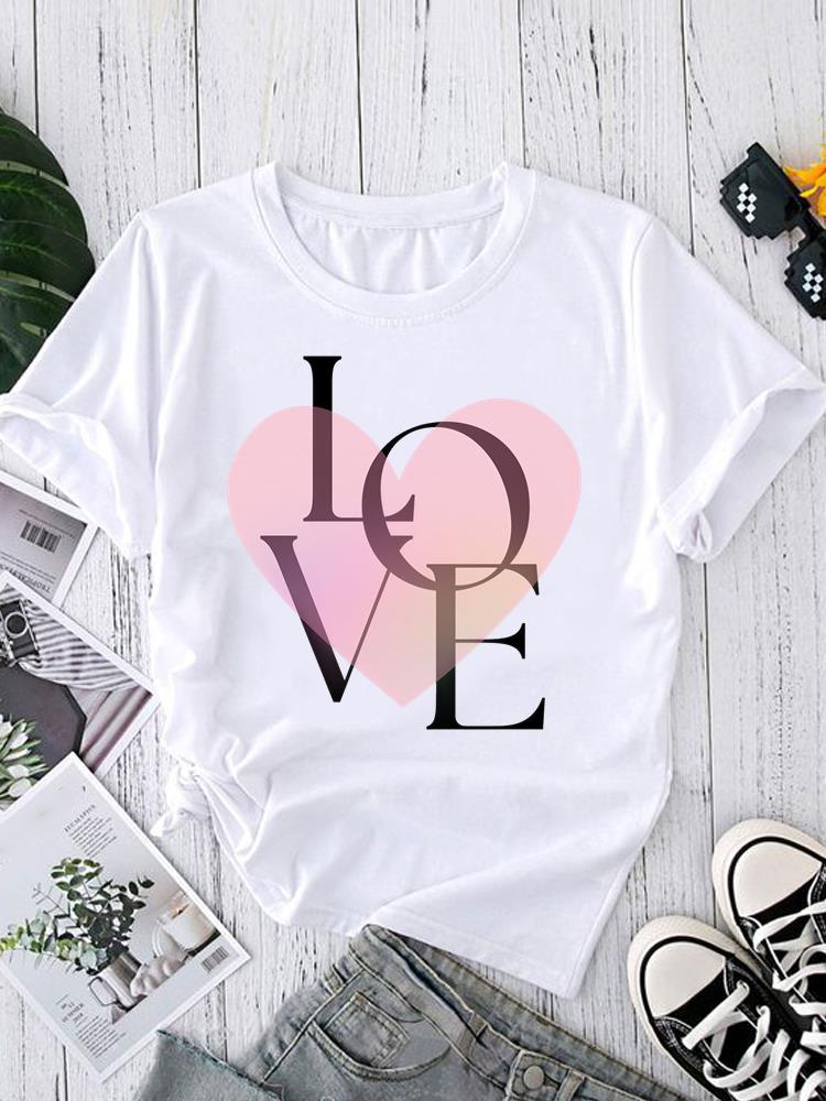 (Asian Size) Love Letter Style Short Sleeve T-shirts Women's Top Print O-neck  Fashion Female Casual T Clothing Graphic Tee