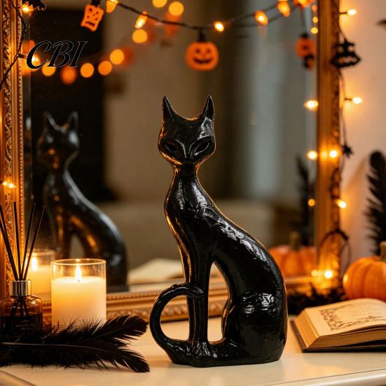 Indoor Outdoor Yard Decor Cute Witch Cat Resin Figurine, Halloween Garden Statue, Spooky Home Collectible Figures Ornaments for Patio Balcony