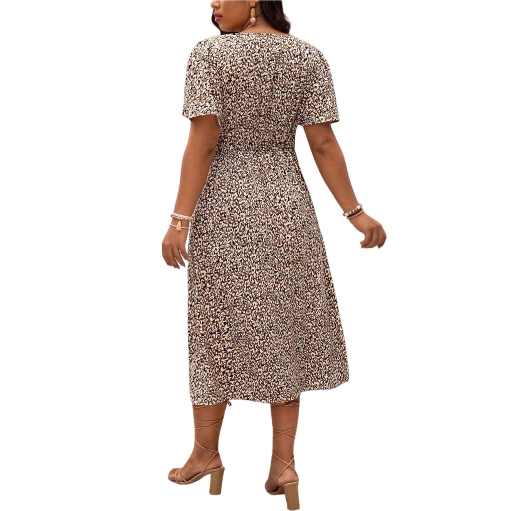 Women's Plus Size Casual Loose Fit V Neck Short Sleeve Floral Print Long Length Full Skirt Dress