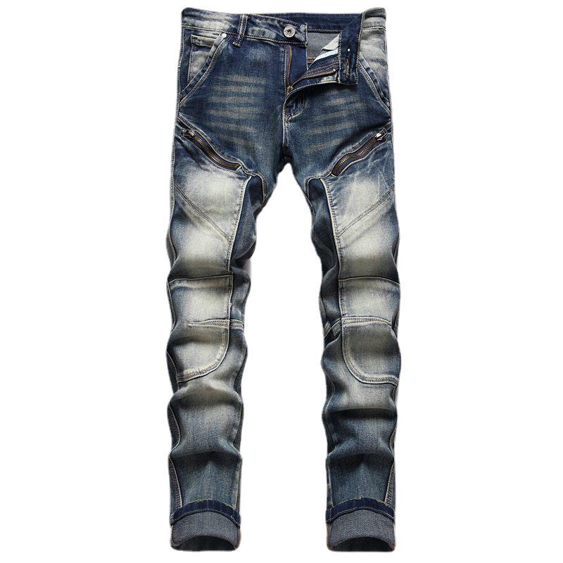 Men's Slim Fit Washed Retro Stretch Jeans - Trendy Skinny Motorcycle Pants for Spring and Autumn