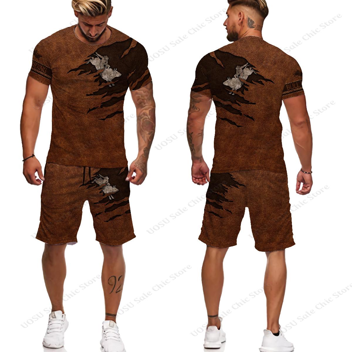 

Мужские футболки/костюмы с 3D принтом, ковбойские татуировки с животными, ездой на быке, летняя повседневная уличная одежда, футболки с короткими рукавами, комплекты спортивной одежды 6XL