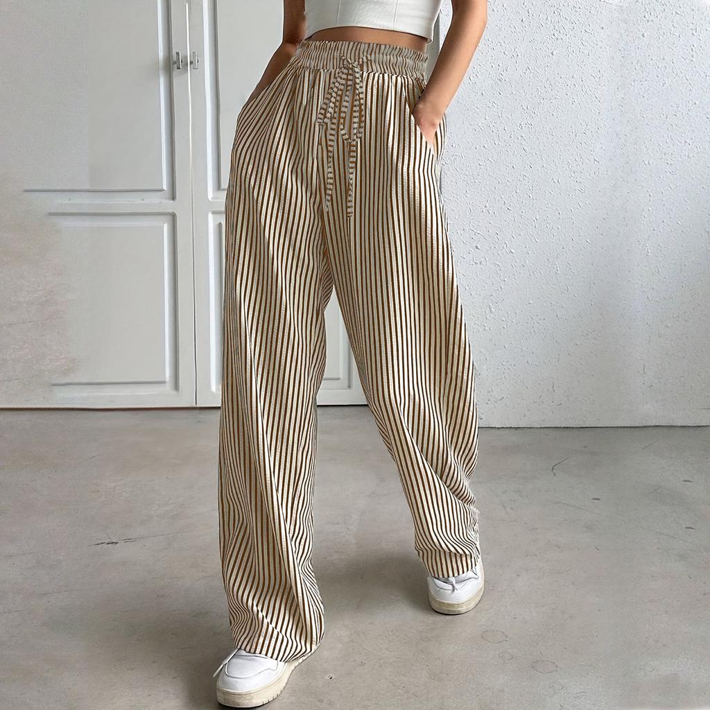 Jarní a letní pruhované pohodlné ležérní kalhoty se šněrováním, rovné nohavice, dámské kalhoty