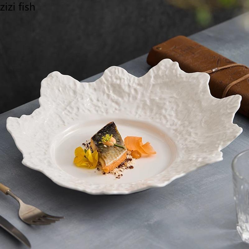 Pure White Rock Texture Coral Plate Irregular Ceramic Dessert Plate Salad Plate Sushi Plates Molecular Cooking Tableware
