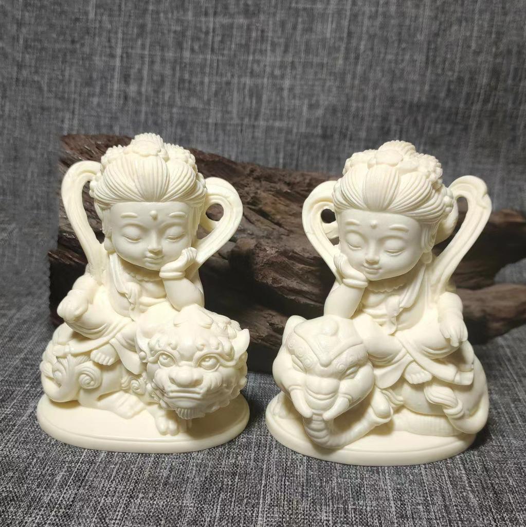 2PCS Ivory Fruit Q Edition Guanyin Bodhisattva Cartoon Feng Shui Decoration Car Mounted Buddha Statue Crafts