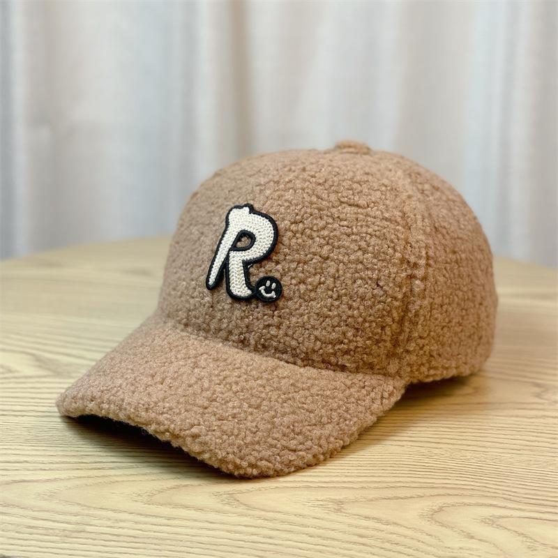 Hat Women's Large Head Circumference Autumn and Winter R Letter Lamb Wool Warm Baseball Cap Peaked Cap Outdoor Travel Leisure Versatile