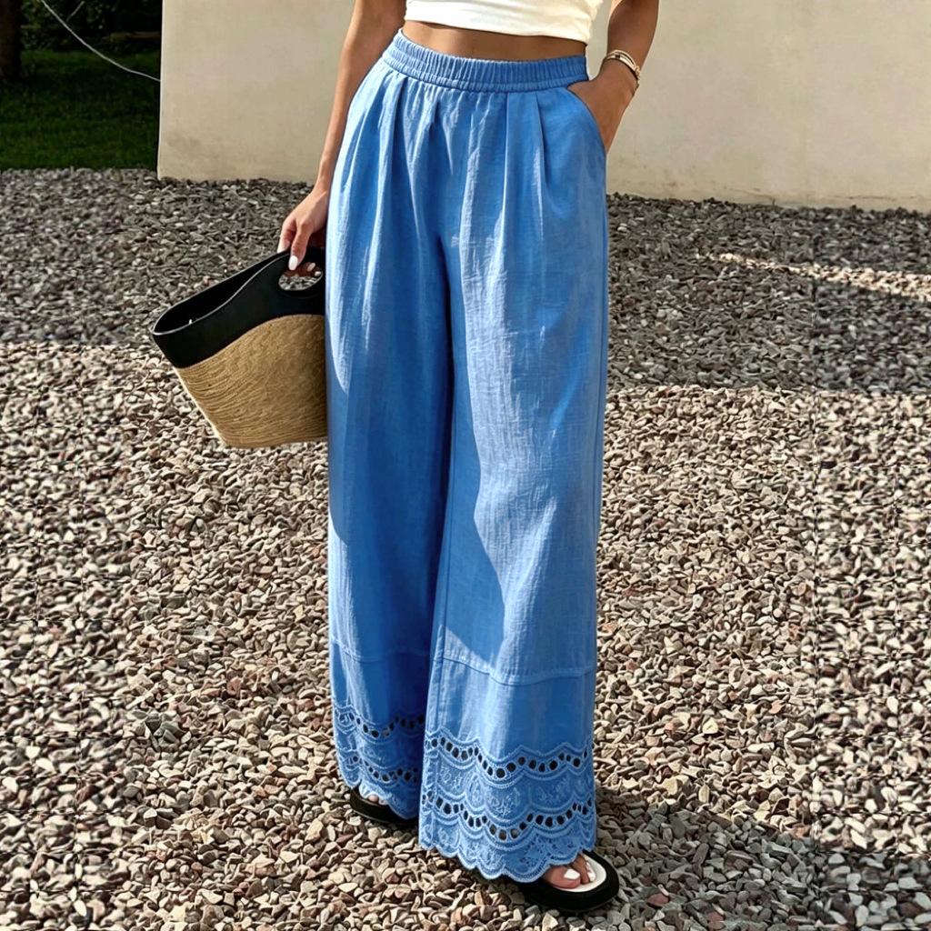 Women's Mid Rise Wide Leg Pants Loose Vintage Linen Trousers Elastic Waist Lace Hem Casual Palazzo Pants