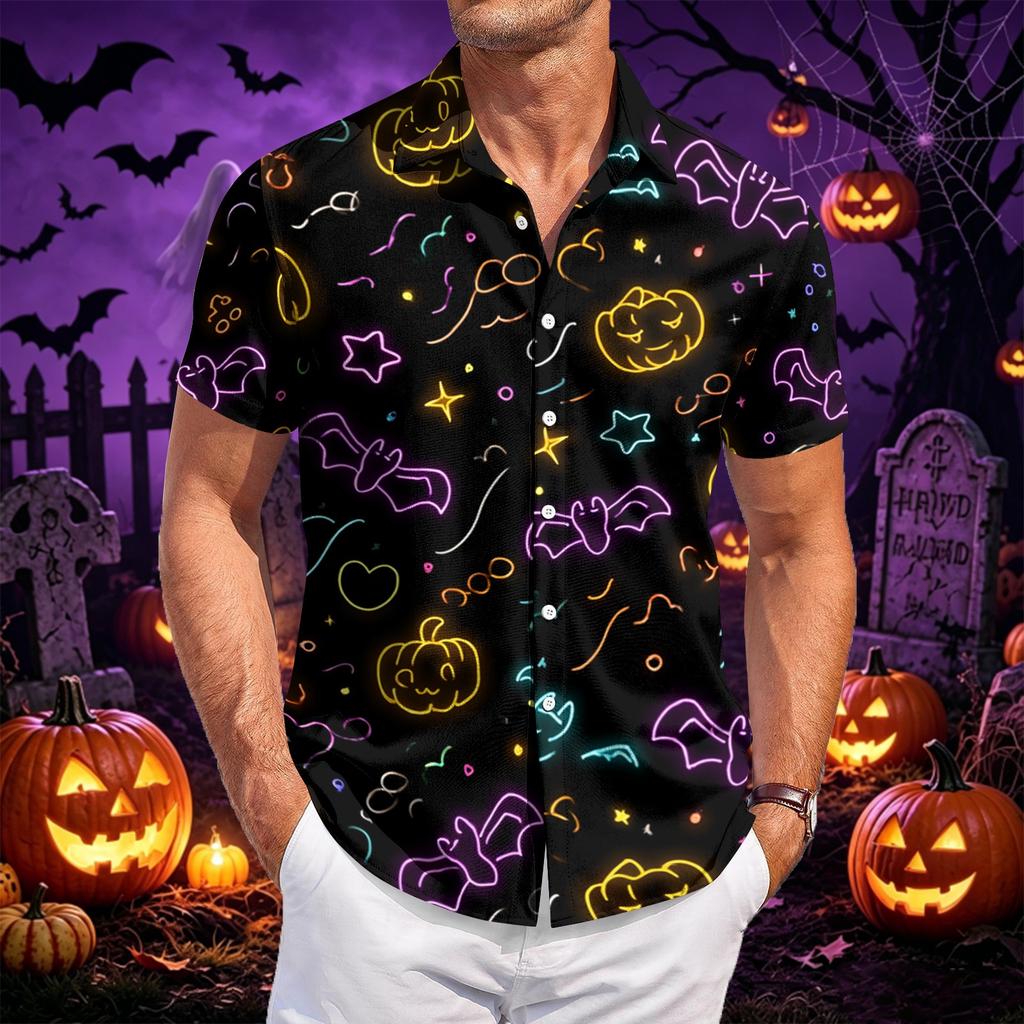 Men Short Sleeve Button Down Shirt with Halloween Themed Printed Design Casual Fit Lightweight Material Suitable for Daily Wear
