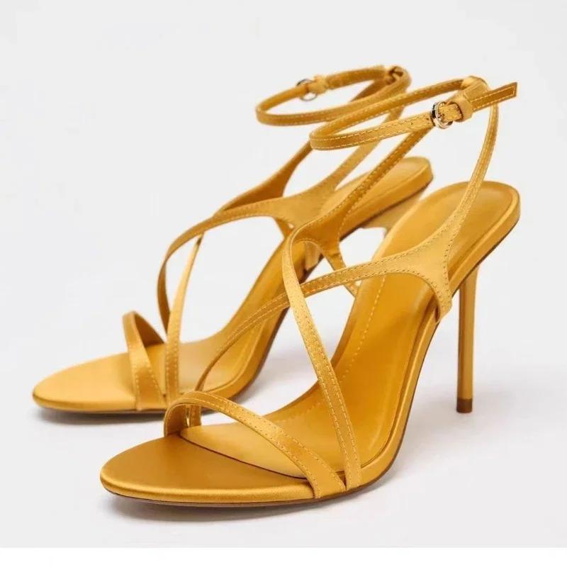 

Fashion Fashion Yellow Cross Tied Heeled Sandals Women Sexy Open Toe Ankle Buckle Shallow Pumps Elegant Banquet Brand Designer Shoes 42 жёлтый