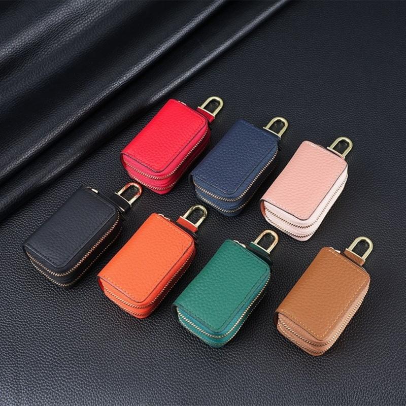 Leather Car Key Fob Case Cover Keychain Zipper Bag Protector Double Layer Pouch