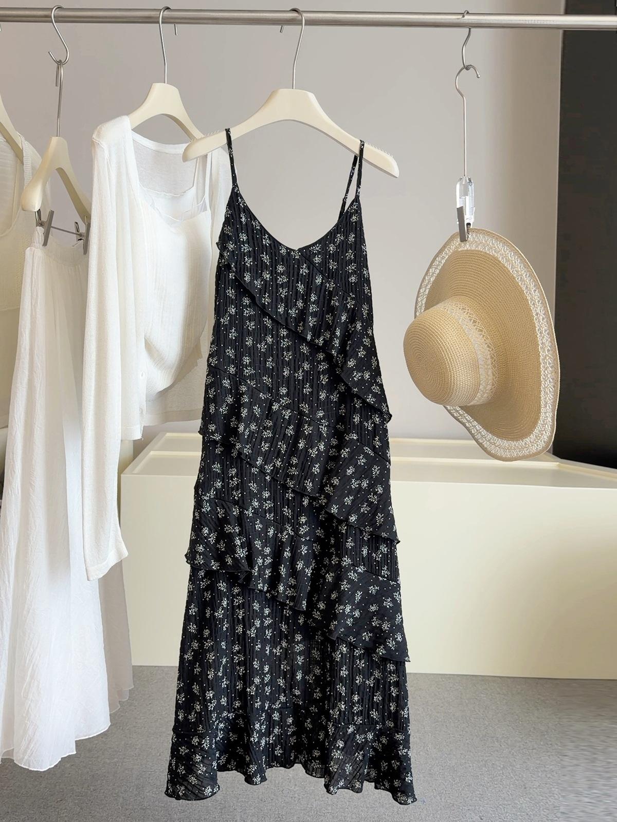 Women s V Neck Sleeveless Maxi Dress Slim Fit High Waist Japanese Korean Casual Floral Print Ruffle Tiered Spaghetti Strap Dress SIZE