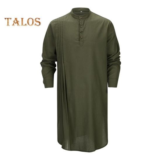 Men's Cotton Linen Kaftan Long Sleeve O-Neck Robe Solid Color Button-up Collar Thobe Breathable Arabic Clothing for Prayers Casual Wear