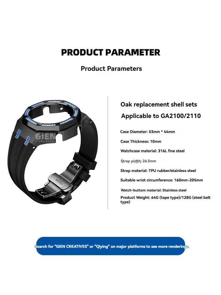 For Casio Octagonal Sport Watch GA2100/GA2110/GA-B2100 Modified Stainless Steel Metal Blue Diamond Case Strap Set Accessories
