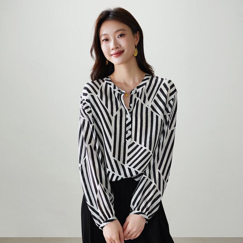SOFSIL 2026 Spring Elegant Black White Stripe Silk Shirt