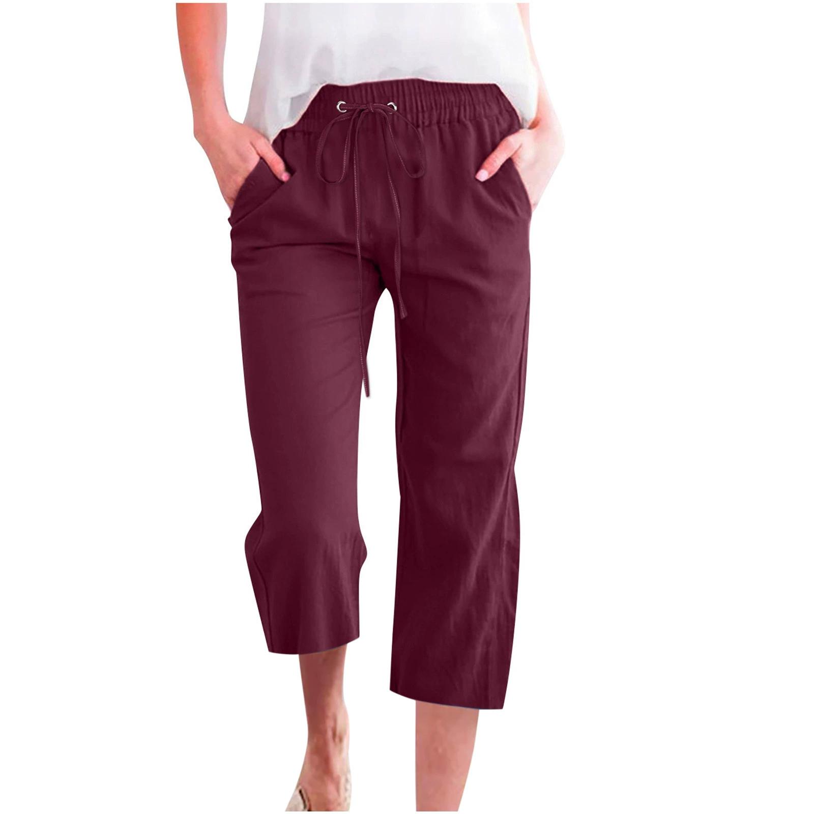 

Women s Cropped Pants Drawstring Elastic Waist Trousers With Pockets 3XL винний