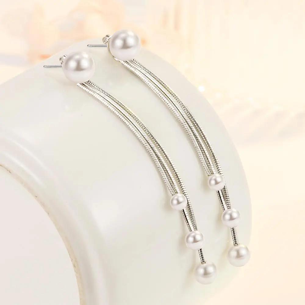 Simple Fashion S Stamp Silver Plated Pearl Long Tassel Earrings For Women Ear Chian Oorbellen Boucle D'oreille Pendientes