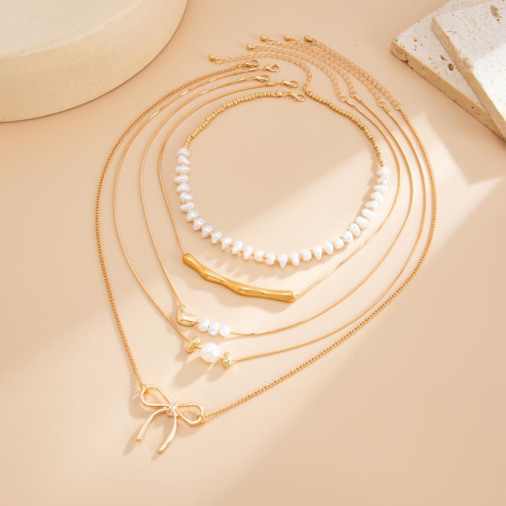 Wind Imitation Pearl Beads Stacked Necklace, Sweet And Cool Love Bow Elbow Collarbone Chain Necklace