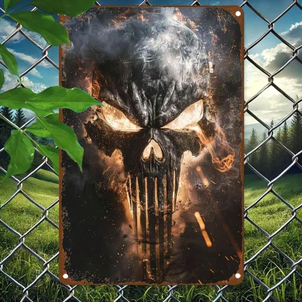 Metal Wall Art Skull with Flames Decor for Bar Room 20x30 Cm