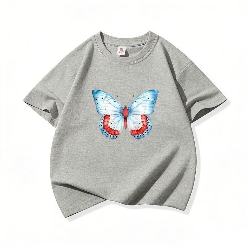 Kids Cotton T Shirt Light Blue And Red Butterfly Print Crew Neck Short Sleeve Tee Casual Boys Girls Summer Tops