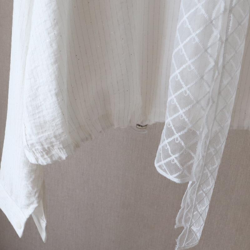 [Bi Zheng] 2025 Jarní Korejský Styl Pruhovaná Košile s Krátkým Dlouhým Rukávem s Krajkovou Šálou pro Ženy