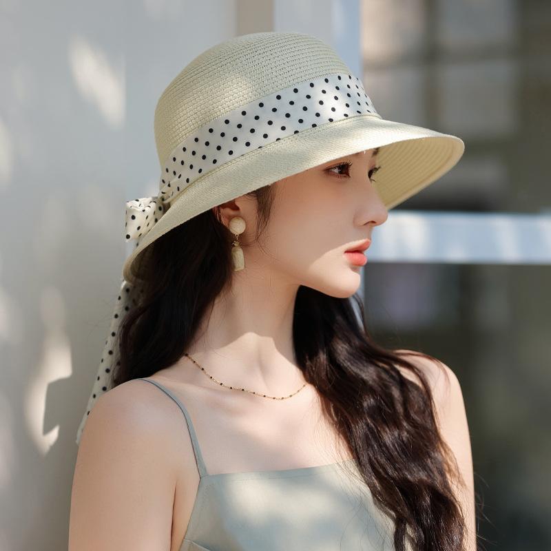 Summer new hat women's streamer raffia hat sunshade sunscreen hat breathable bow shows small face