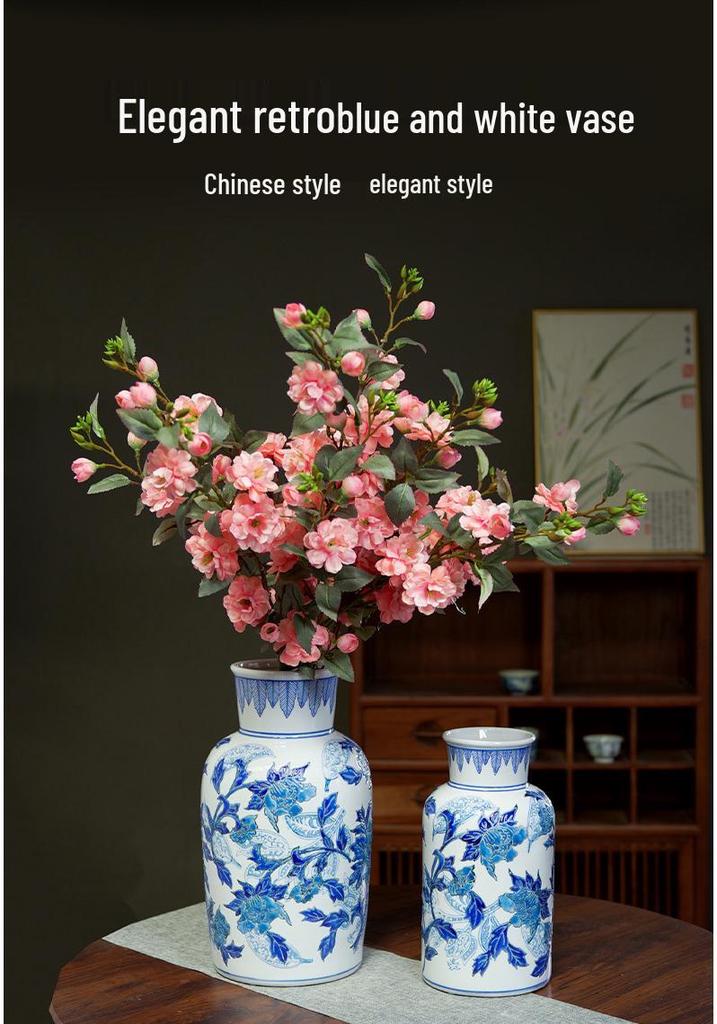 Blue & White Hand-Painted Porcelain Vase: Elegant Ceramic Ornament for Living Room or Entryway.