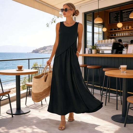 Women's Summer Maxi Dress Short Sleeve V Neck A Line Swing Dress Casual Beach Vacation Flowy Sundress with Pockets