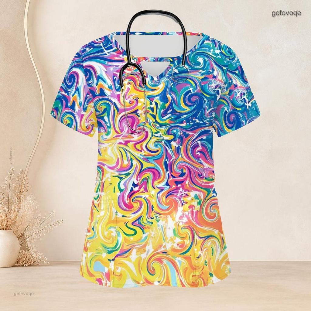 Women Plus Size Keyhole Neck Short Sleeve Butterfly Printed Black Nurse Scrub Top With Pockets