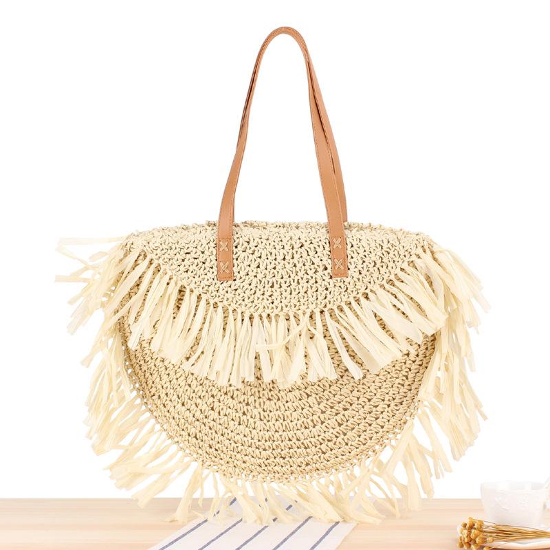 

Bohemian Semi-Circular Tassel Single-Shoulder Straw Handbags Summer Woven Paper Beach Women s Bag Hollow Out Knitting Totes Bag бежевый