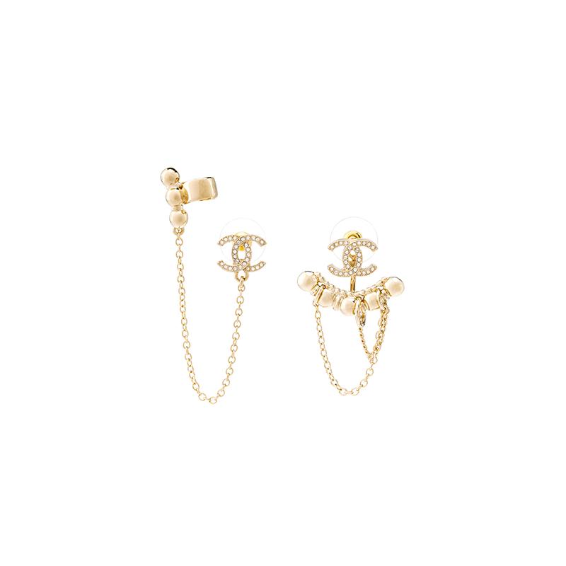 CHANEL Metal Double C Crystal Metal Earrings Women's Gold
