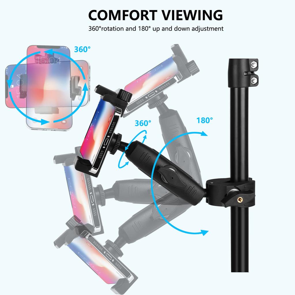 Uchwyt na telefon z wieszakiem na mikrofon z długim ramieniem i super klamrą, obrót 360°, dla smartfonów 3,5-7 calowych, kompatybilny z Samsung Galaxy S 14, 13, 12,