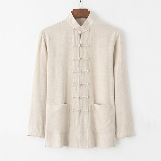 Lässiges zweiteiliges Set für Männer im chinesischen Stil mit Stehkragen, langen Ärmeln und Schnallen