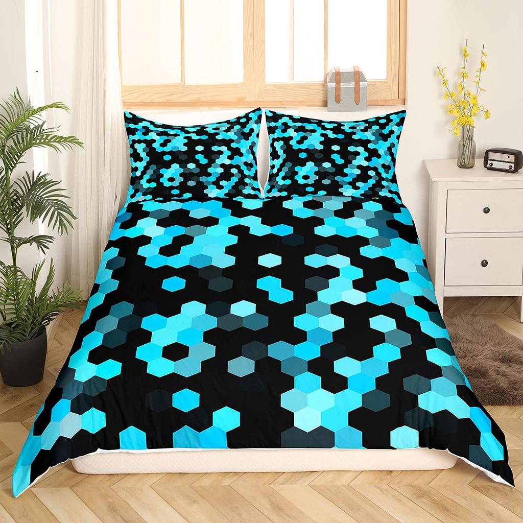 Geometry Hexagon Duvet Cover Navy Blue Comforter Cover Watercolor Honeycomb Abstract Tie Dye Bedding Set Microfiber Quilt Cover