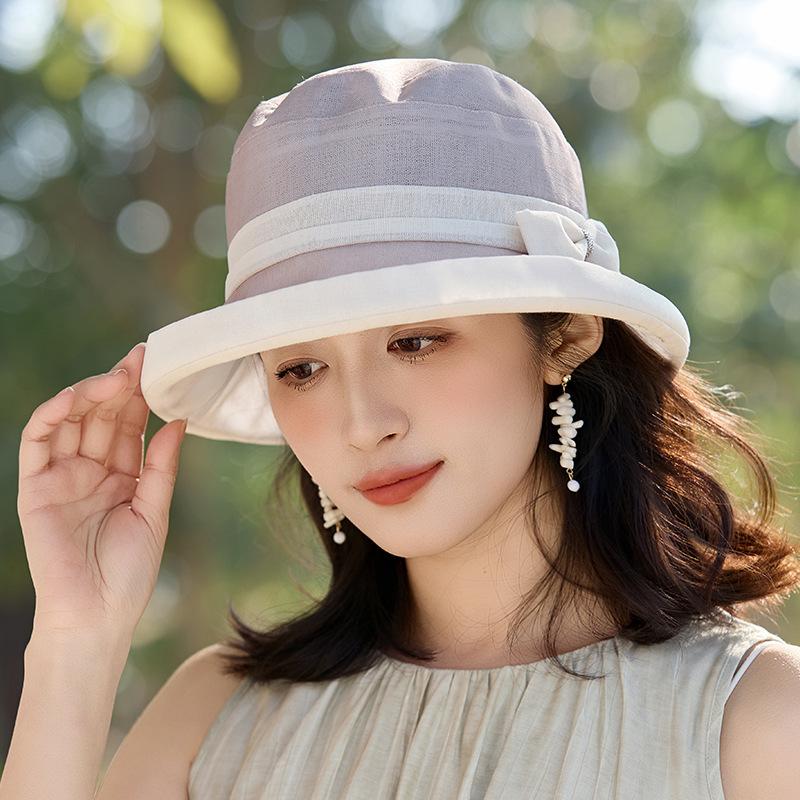 Stylish And Elegant Young And Middle-Aged Sun Hat Female Outdoor Mother Breathable Organza Basin Hat Bow Bucket Hat