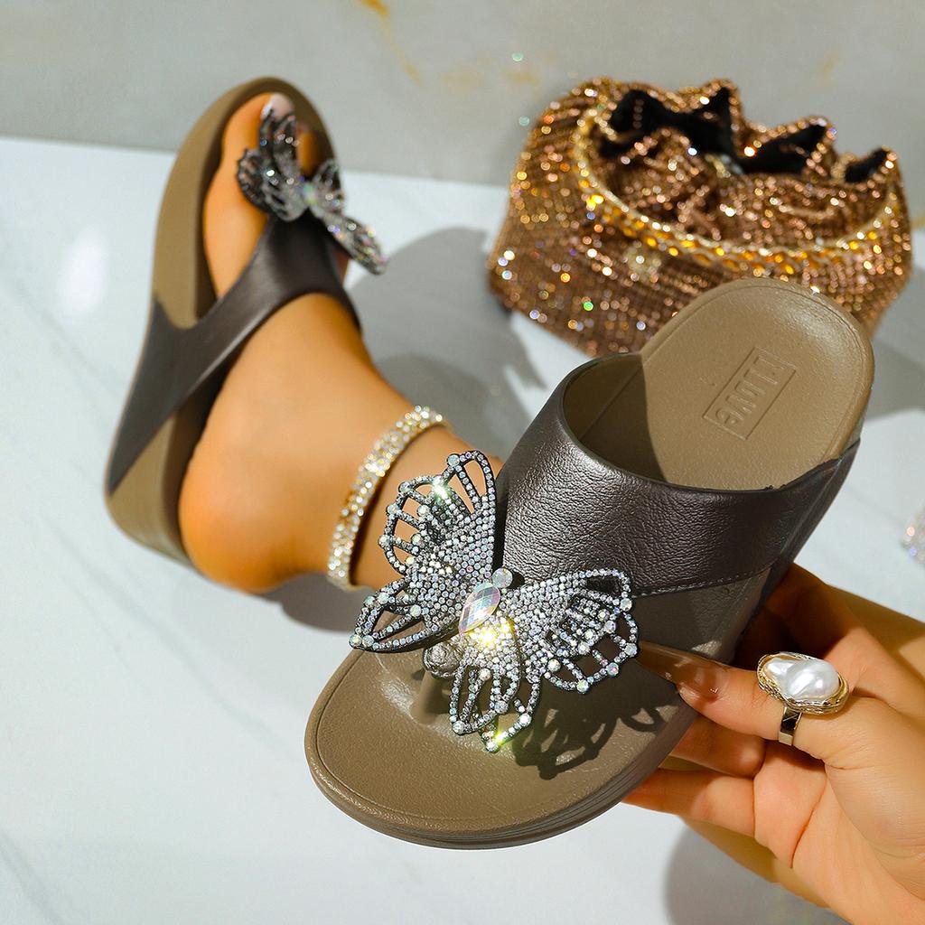 Gold Luxury Glitter Butterfly Decoration Flip Flops Women Chunky Platform Wedge Heels Slippers Beach Outdoor Slippers